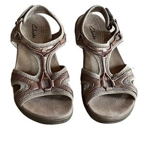 Clarks In Motion Sandals Womens 7.5 Bronze Leather Beige Mesh Ankle Strap